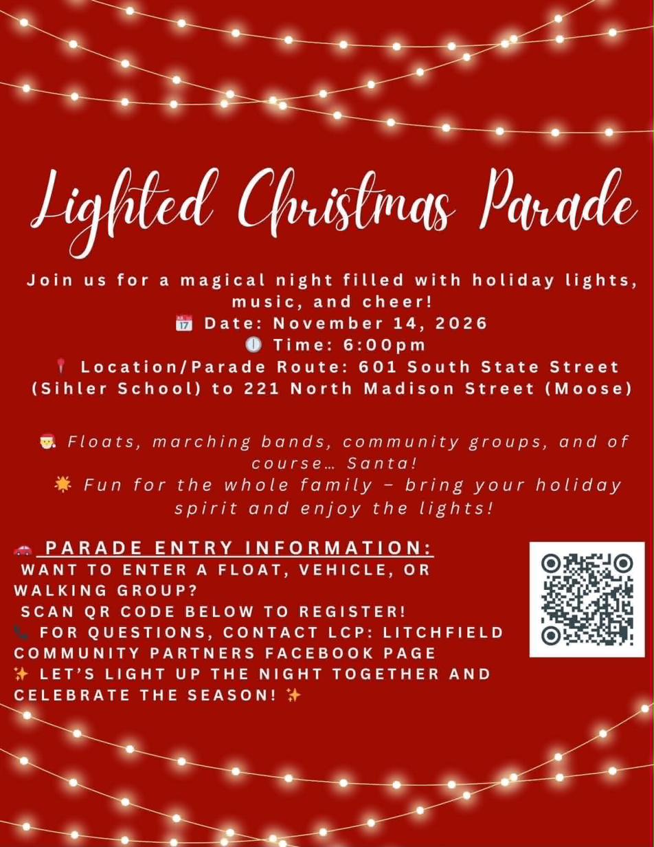 Lighted Christmas Parade flyer with date, time, parade route and registration QR code