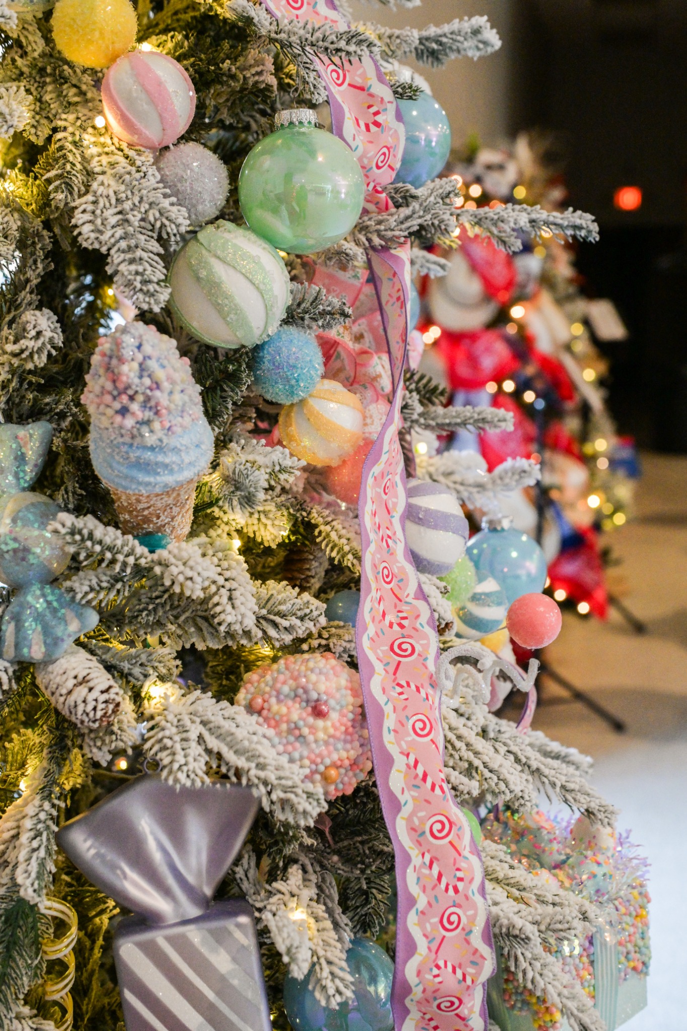 Pastel candy-themed Christmas tree detail