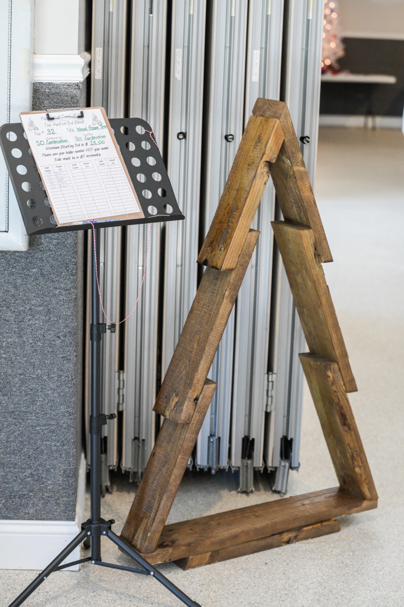 Wooden frame tree display at Festival of Trees