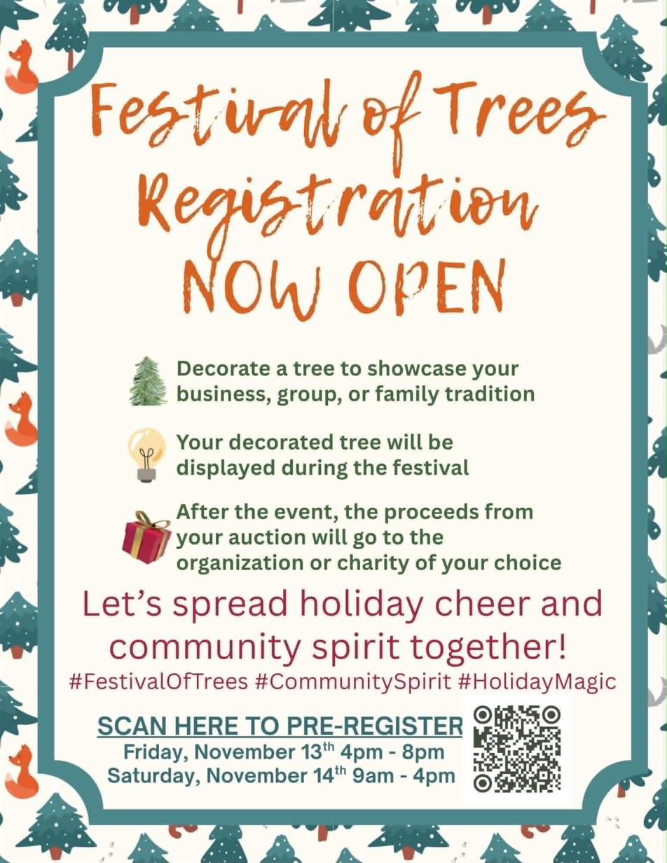 Festival of Trees registration now open flyer with decorating details and pre-register QR code
