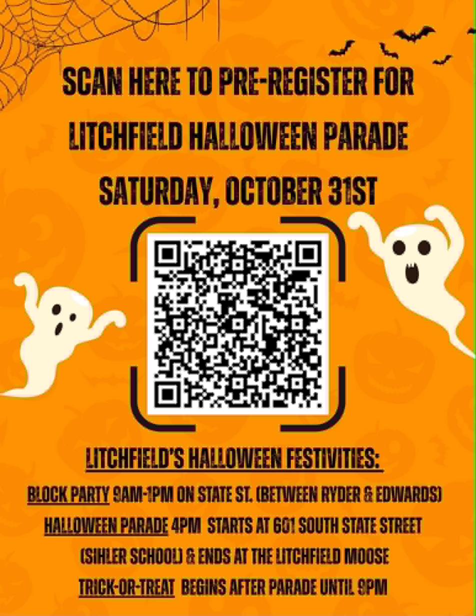 Halloween Parade pre-registration flyer with QR code, ghosts and festivity details