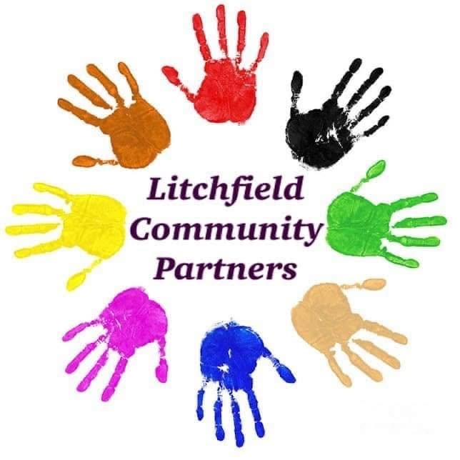 Litchfield Community Partners logo, a ring of colorful handprints