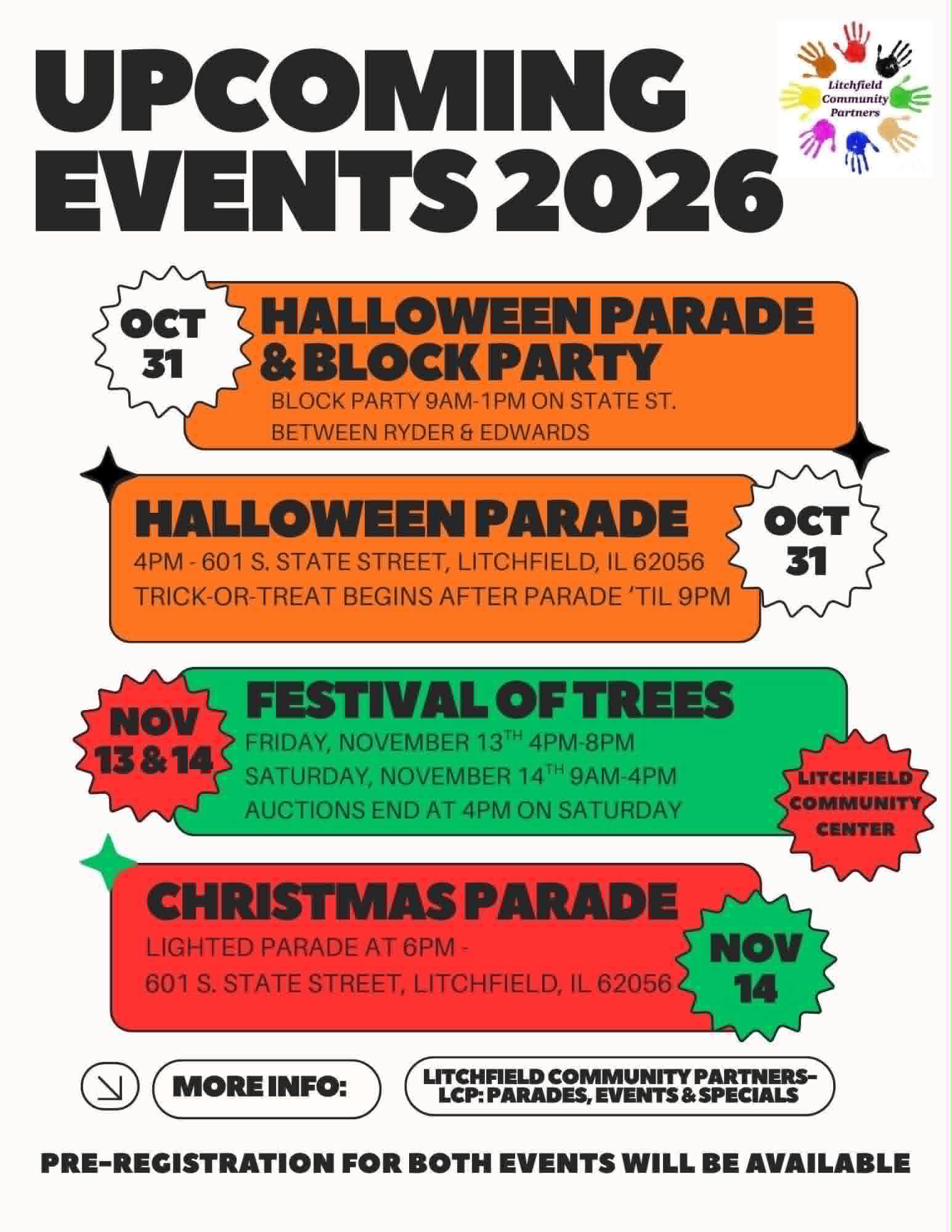 Litchfield Community Partners Upcoming Events 2026 flyer listing the Halloween Parade and Block Party, Festival of Trees, and Christmas Parade with dates